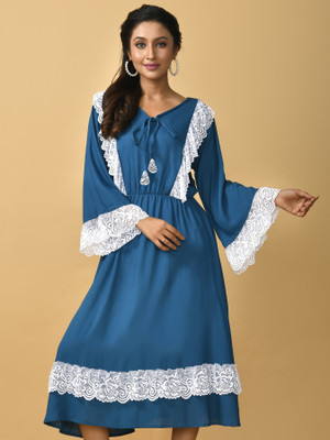 KRISHTINA Women Fit and Flare Blue, White Below Knee Dress