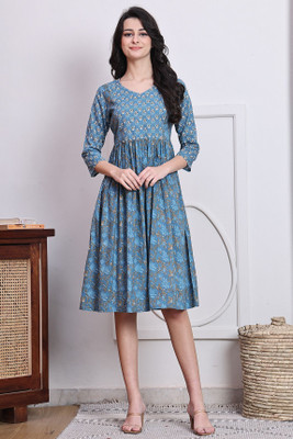 Wonder Weaves Women A-line Blue Knee Length Dress