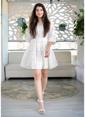 HHVHSH FASHION Women Fit and Flare Black, White Midi/Calf Length Dress