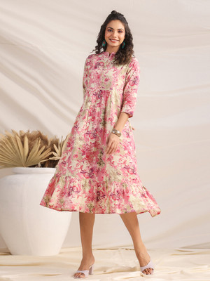 Janasya Women Gathered Multicolor Midi/Calf Length Dress