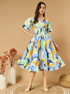 ZWERLON Women A-line Multicolor Midi/Calf Length Dress