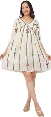 Abriza Women Ethnic Dress White, Black Above Knee/Mid Thigh Length Dress