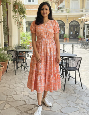 BLOOMORAA FASHION Women A-line Orange Midi/Calf Length Dress