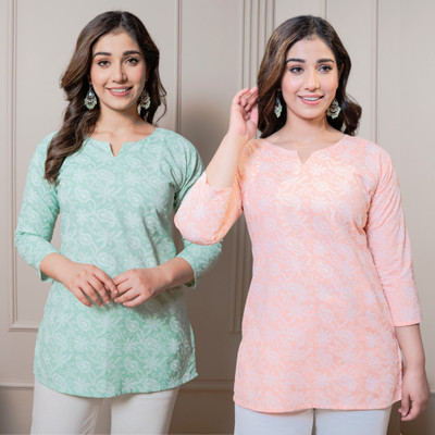 I N ENTERPRISES Women Floral Print Straight Kurta(Green, Orange)