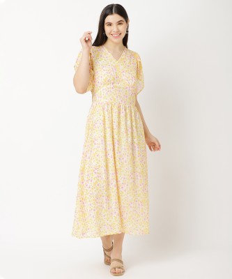 THREE Women Fit and Flare Yellow, Pink, White Dress