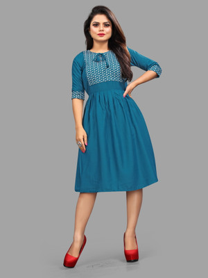 BRIGHT WORLD Women Ethnic Dress Blue, White Knee Length Dress