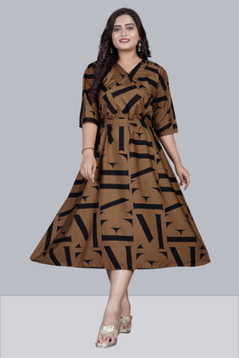 Pihu Creation Women Fit and Flare Brown Knee Length Dress