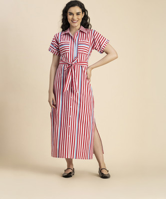 moomaya Women Shirt Red, White, Light Blue Midi/Calf Length Dress