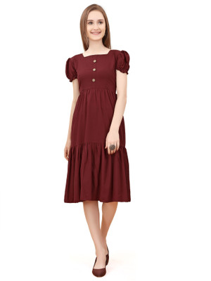 HouseOfCommon Women Maxi Maroon Knee Length Dress