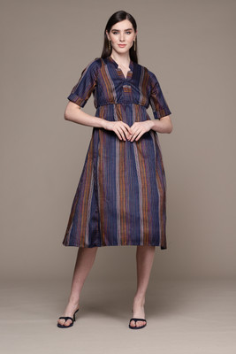 aarke Ritu Kumar Women Fit and Flare Dark Blue Midi/Calf Length Dress