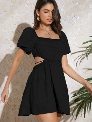 Herway Women A-line Black Above Knee/Mid Thigh Length Dress