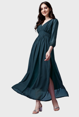 Jash Creation Women Fit and Flare Blue Maxi/Full Length Dress