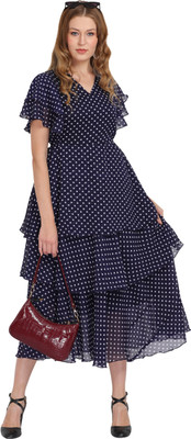 Warsian Women Ruffled Dark Blue, White Midi/Calf Length Dress