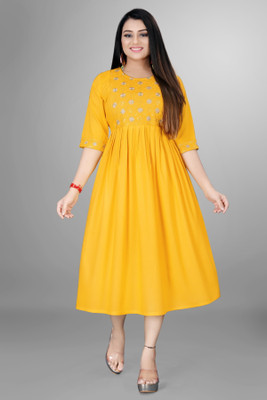 ShopGlobal Women A-line Yellow Midi/Calf Length Dress