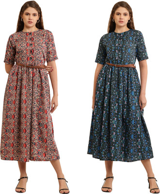 HEAVENS CREATIONS Women Fit and Flare Red Midi/Calf Length Dress