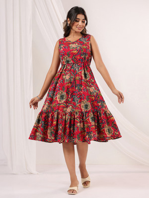 Janasya Women Fit and Flare Multicolor Below Knee Dress