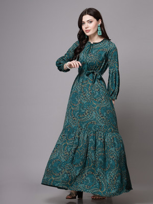 AAYU Women Fit and Flare Green Maxi/Full Length Dress