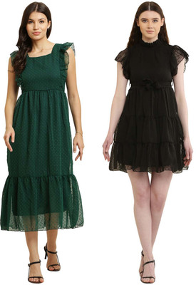 HEAVENS CREATIONS Women Fit and Flare Black, Dark Green Knee Length Dress