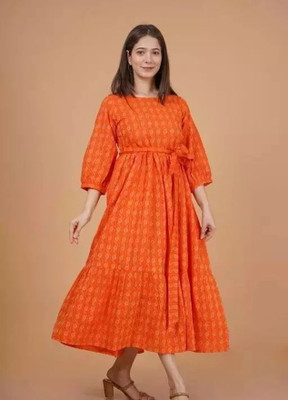 HouseOfCommon Women A-line Orange Midi/Calf Length Dress