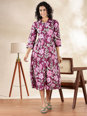 ANOUK Women Fit and Flare Purple, Grey Midi/Calf Length Dress
