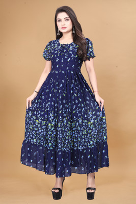 EDISHNAL Women Pleated Blue Maxi/Full Length Dress