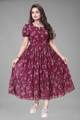 Fashion2wear Women Fit and Flare Maroon Ankle Length Dress