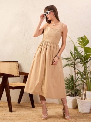 SASSAFRAS Women Fit and Flare Beige Dress