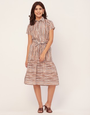 moomaya Women A-line White, Brown Dress