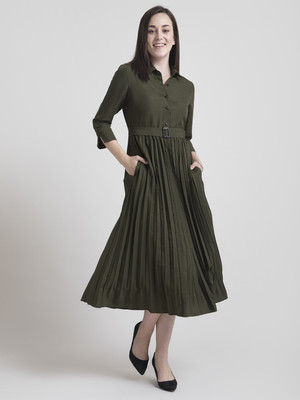 Fable Street Women Fit and Flare Dark Green Midi/Calf Length Dress