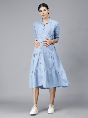 Nightspree Women Fit and Flare Light Blue Midi/Calf Length Dress