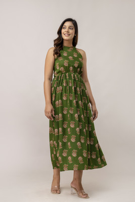 SHANGUL Women Fit and Flare Green Midi/Calf Length Dress