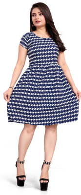 HouseOfCommon Women A-line Dark Blue, White Knee Length Dress
