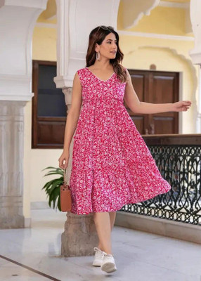 Herway Women Fit and Flare Pink Below Knee Dress