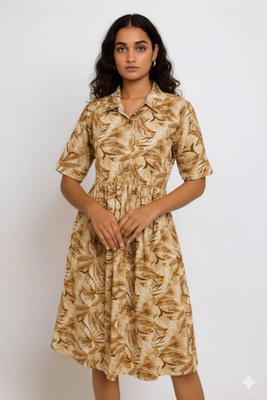 progreto Women Ethnic Dress Brown Knee Length Dress