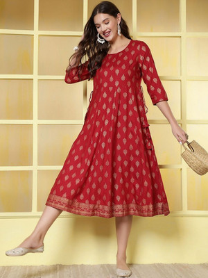 ANOUK Women Fit and Flare Maroon Midi/Calf Length Dress