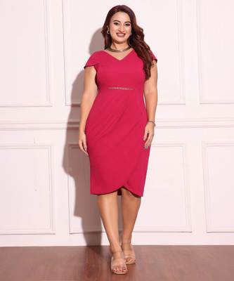 Miss Chase Women Pleated Pink Below Knee Dress