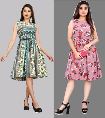 Hiral Creation Women Fit and Flare Pink Knee Length Dress