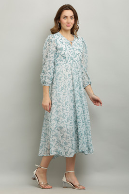 A R J FASHION Women Fit and Flare Light Green, White Midi/Calf Length Dress