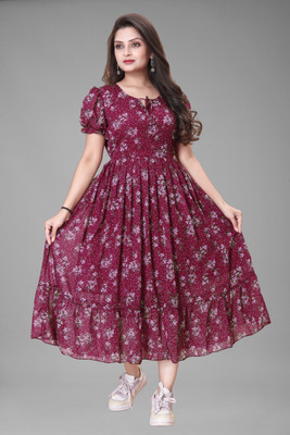 OZEX Women Pleated Multicolor Maxi/Full Length Dress