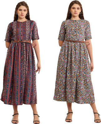 Miranga Women Fit and Flare Multicolor Midi/Calf Length Dress