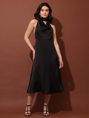 PURVAJA Women Fit and Flare Black Midi/Calf Length Dress