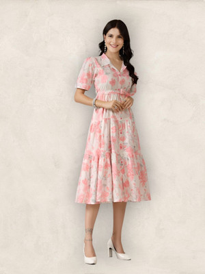 HouseOfCommon Women Fit and Flare White Below Knee Dress