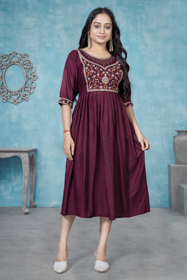 OVUSI Women Ethnic Dress Multicolor Below Knee Dress
