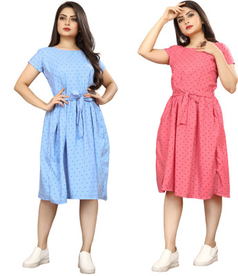 FashhionWorld Women A-line Blue, Pink Knee Length Dress
