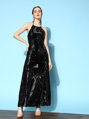 Berrylush Women Fit and Flare Black Maxi/Full Length Dress