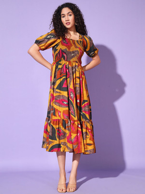 Moda Rapido Women Fit and Flare Yellow Knee Length Dress