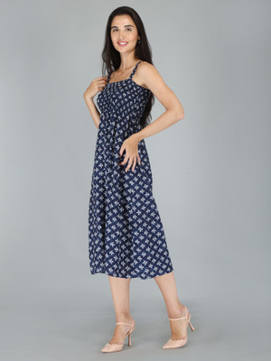 DIAMO Women Ethnic Dress White, Dark Blue, Blue Knee Length Dress