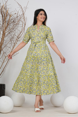 INSTA CRAFT Women Asymmetric Yellow Knee Length Dress