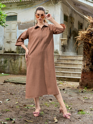 PURVAJA Women Fit and Flare Brown Midi/Calf Length Dress