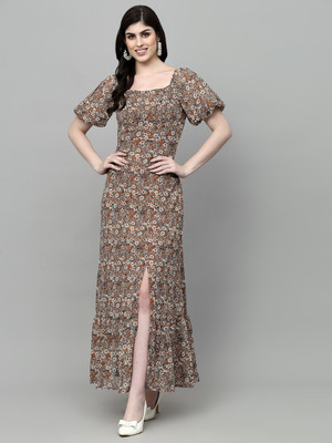 AAYU Women Fit and Flare Beige, Multicolor Maxi/Full Length Dress